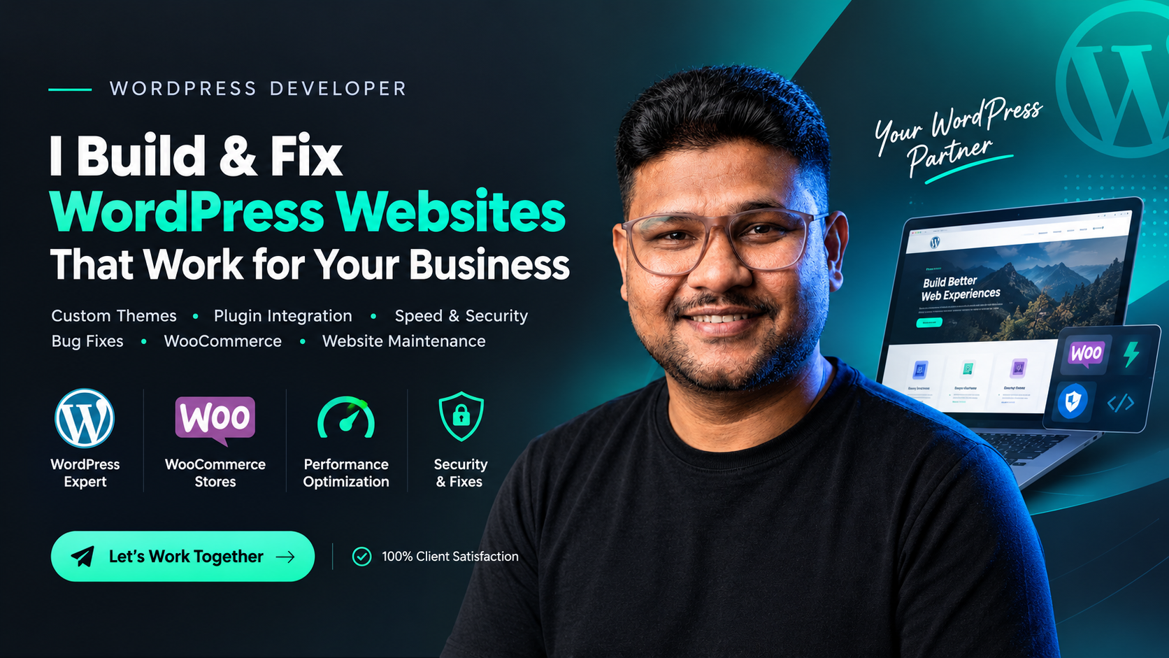 WordPress developer portfolio banner: custom development, speed optimization and bug fixes